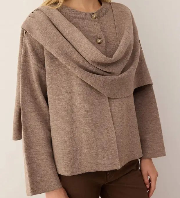 Woman wearing a mocha layered drape knit sweater with asymmetrical front, cozy soft fabric – AtikaStyle.”