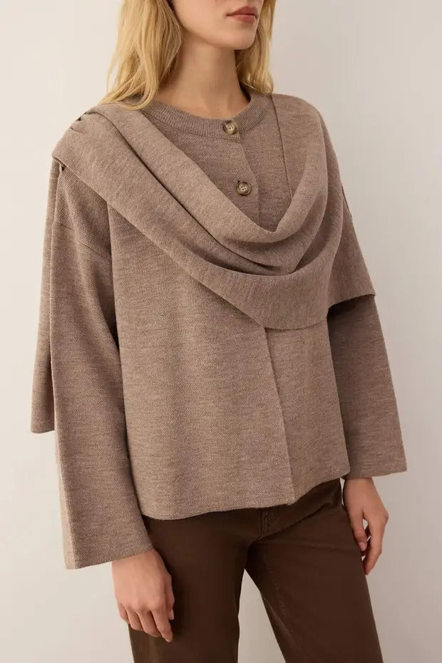 Woman wearing a mocha layered drape knit sweater with asymmetrical front, cozy soft fabric – AtikaStyle.”