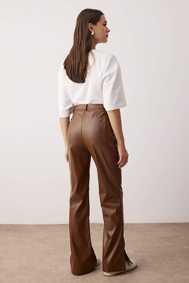Brown Faux Leather Bootcut Pants | Flare Fit | AtikaStyle