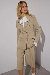 Taupe (Vizon) Chain-Detail Woven Blazer | Tailored, Single-Breasted | AtikaStyle