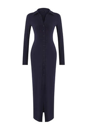 Navy Polo-Neck Buttoned Bodycon Maxi Knit Shirt Dress | AtikaStyle