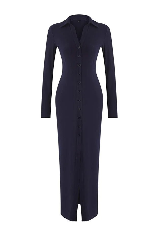 Navy Polo-Neck Buttoned Bodycon Maxi Knit Shirt Dress | AtikaStyle