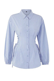 Blue Striped Adjustable-Waist Button-Up Shirt | Tailored Cinch Detail | AtikaStyle
