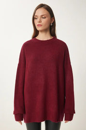Burgundy Soft-Touch Knit Sweater | Crewneck, Drop-Shoulder, Stretch | AtikaStyle