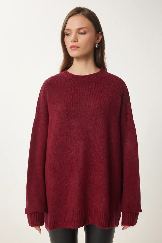 Burgundy Soft-Touch Knit Sweater | Crewneck, Drop-Shoulder, Stretch | AtikaStyle