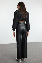 Black Faux Leather Flare Pants | Relaxed Seam Detail | AtikaStyle