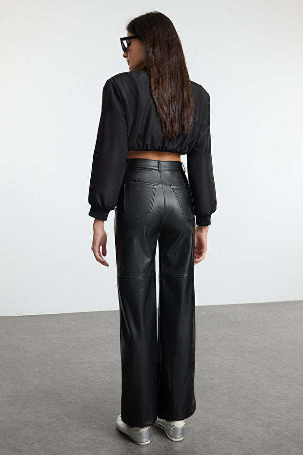 Black Faux Leather Flare Pants | Relaxed Seam Detail | AtikaStyle