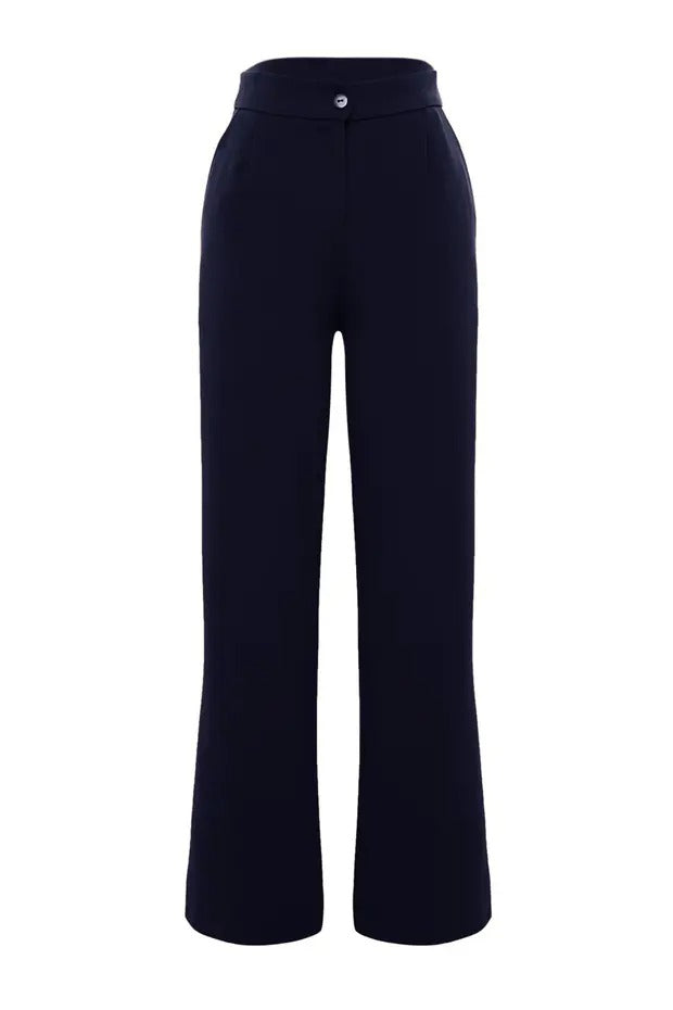 Navy Woven Wide Leg Pants | High Rise Pocket Detail | AtikaStyle