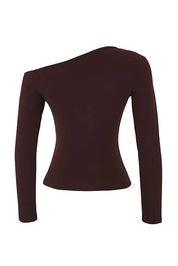 Brown one-shoulder long-sleeve top on a white background