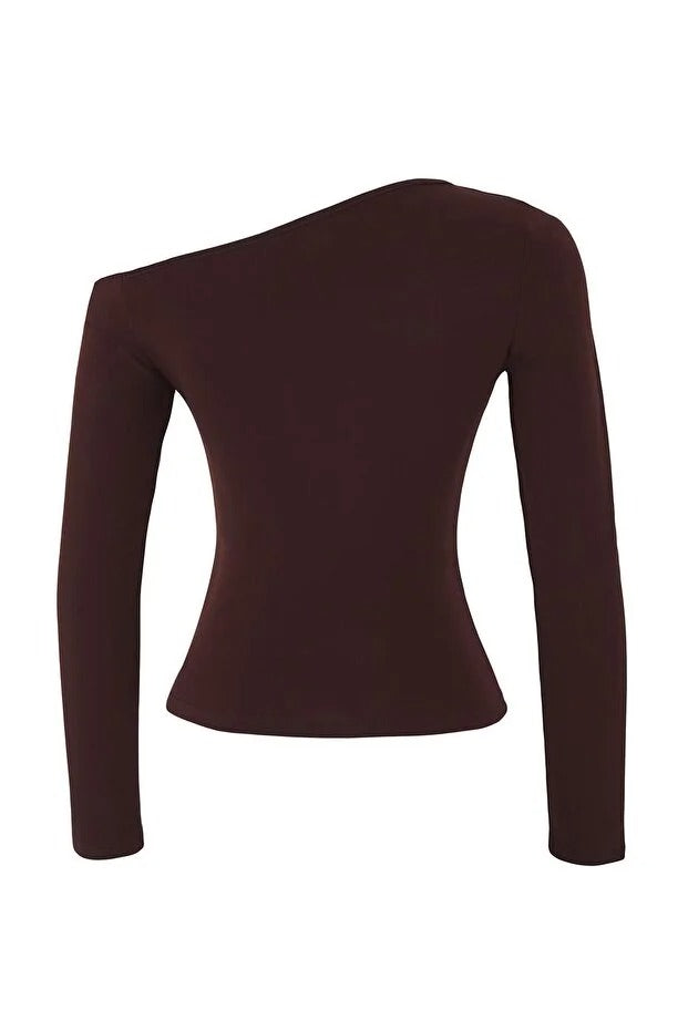 Brown one-shoulder long-sleeve top on a white background