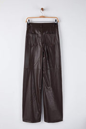 Brown Faux Leather Flare Pants | Relaxed Seam Detail | AtikaStyle