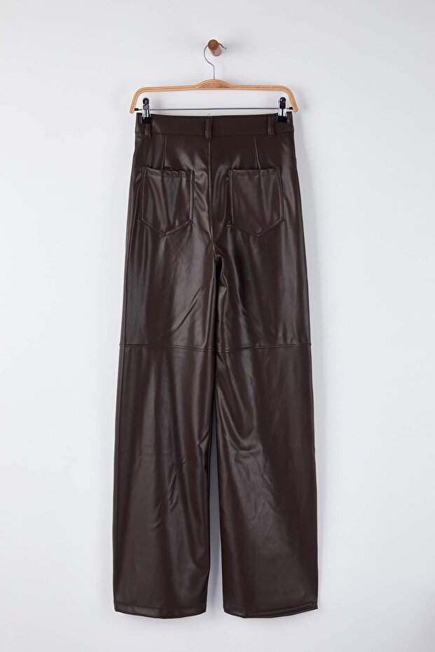 Brown Faux Leather Flare Pants | Relaxed Seam Detail | AtikaStyle