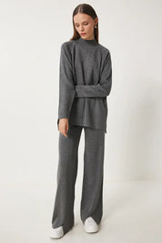 Grey Acrylic Knit Two-Piece Set | Mock Neck, Side Slits, Elastic Waist | AtikaStyle