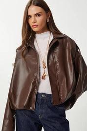 Brown Faux Leather Bomber Jacket | Oversized, Lined, Zip Front | AtikaStyle