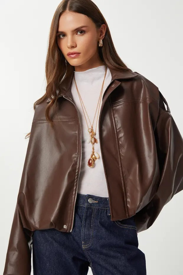 Brown Faux Leather Bomber Jacket | Oversized, Lined, Zip Front | AtikaStyle