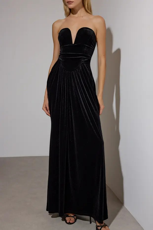 Black Velvet Sweetheart Maxi Evening Dress | Strapless, Ruched Waist | AtikaStyle