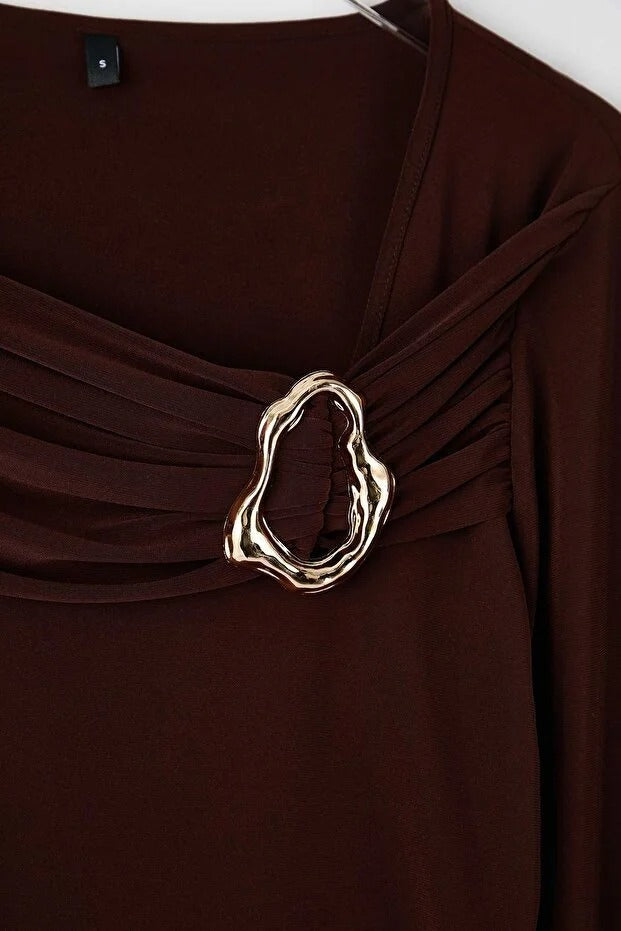 Brown Asymmetric Cut-Out Top | Fitted Long Sleeve | AtikaStyle