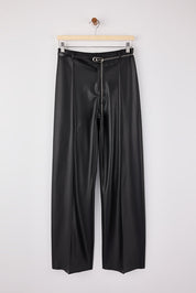 Black Faux Leather Straight Pants | Chain Belt Detail | AtikaStyle