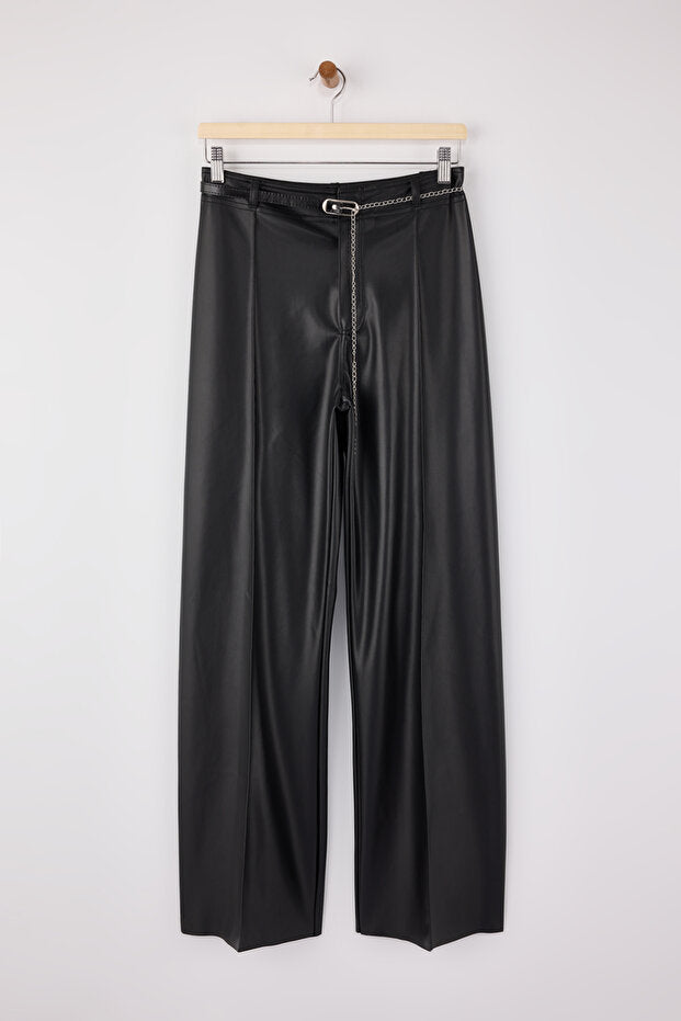 Black Faux Leather Straight Pants | Chain Belt Detail | AtikaStyle