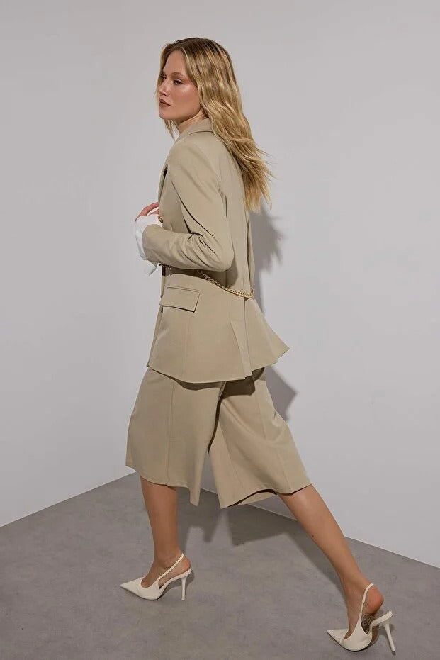 Taupe (Vizon) Chain-Detail Woven Blazer | Tailored, Single-Breasted | AtikaStyle