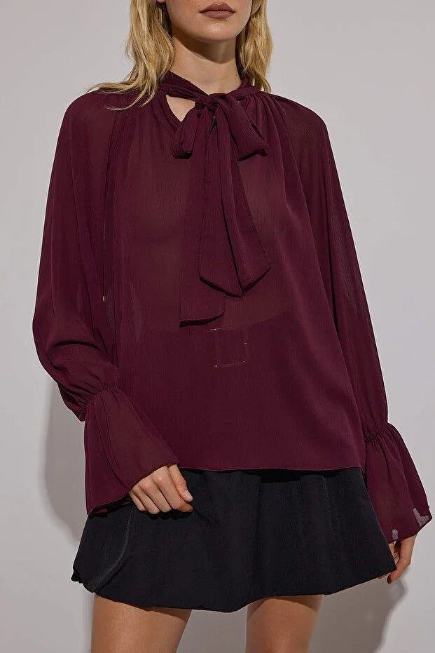 Dark Burgundy Halter Tie Sheer Party Blouse | Limited Edition | AtikaStyle