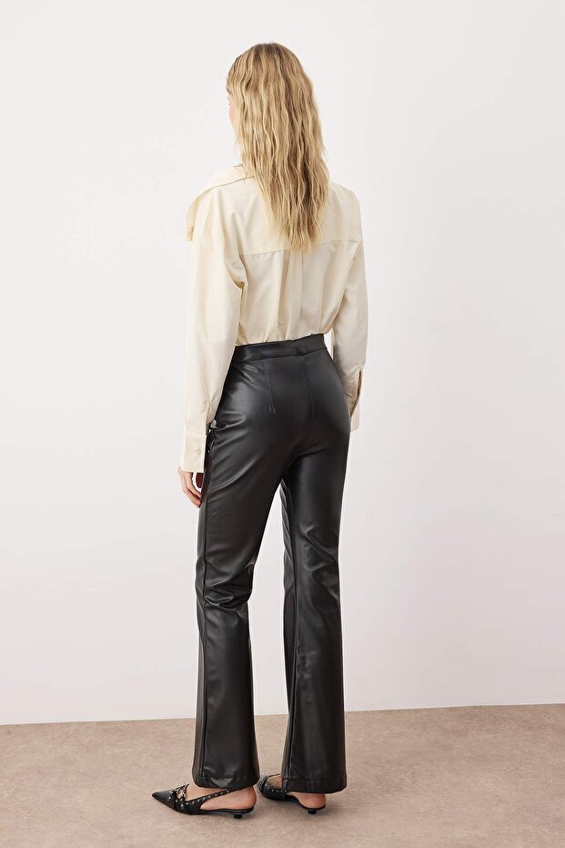 Black Faux Leather Bootcut Pants | Flare Fit | AtikaStyle