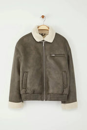 Olive Faux Leather Shearling Aviator Jacket | Oversized Winter Coat | AtikaStyle