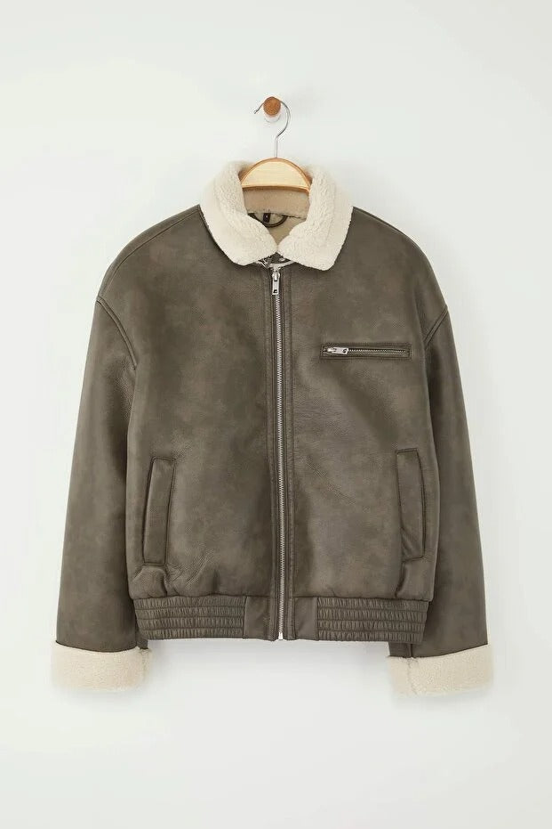 Olive Faux Leather Shearling Aviator Jacket | Oversized Winter Coat | AtikaStyle