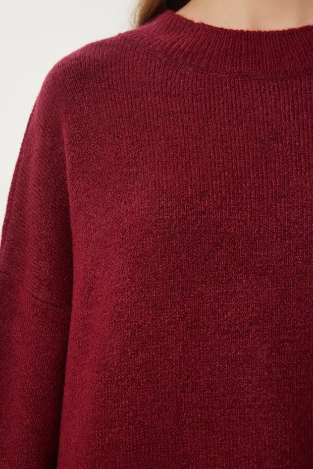 Burgundy Soft-Touch Knit Sweater | Crewneck, Drop-Shoulder, Stretch | AtikaStyle