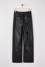 Black Faux Leather Straight Pants | Chain Belt Detail | AtikaStyle