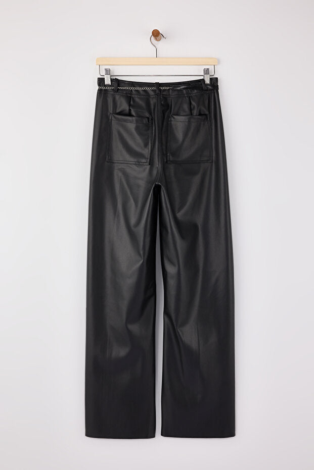 Black Faux Leather Straight Pants | Chain Belt Detail | AtikaStyle