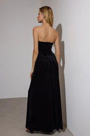 Black Velvet Sweetheart Maxi Evening Dress | Strapless, Ruched Waist | AtikaStyle