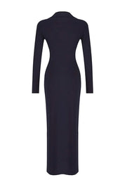 Navy Polo-Neck Buttoned Bodycon Maxi Knit Shirt Dress | AtikaStyle