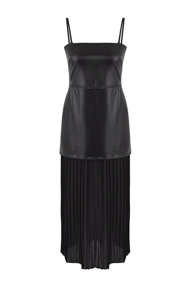 Black Faux Leather & Chiffon Pleated Detail Dress | Limited Edition | AtikaStyle