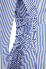Blue Striped Adjustable-Waist Button-Up Shirt | Tailored Cinch Detail | AtikaStyle