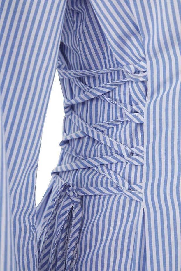 Blue Striped Adjustable-Waist Button-Up Shirt | Tailored Cinch Detail | AtikaStyle