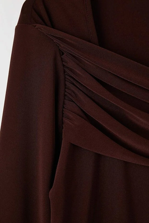 Brown Asymmetric Cut-Out Top | Fitted Long Sleeve | AtikaStyle