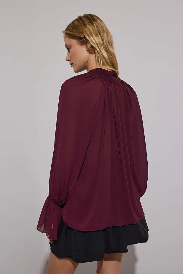 Dark Burgundy Halter Tie Sheer Party Blouse | Limited Edition | AtikaStyle