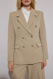 Taupe (Vizon) Chain-Detail Woven Blazer | Tailored, Single-Breasted | AtikaStyle