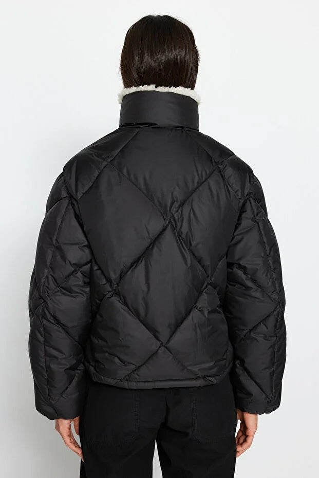 Black Oversized Puffer Coat with Plush Collar | Winter Outerwear | AtikaStyle