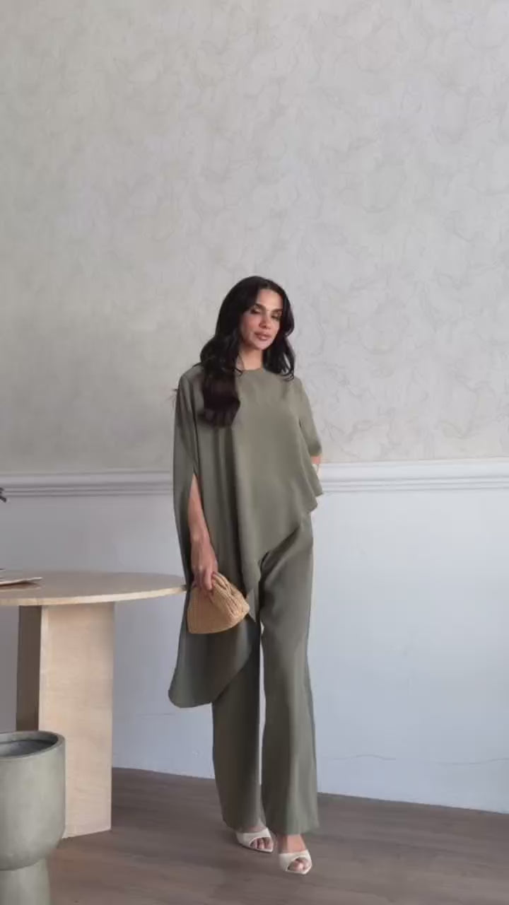 Olive Flow Asymmetrical Two-Piece Set | Draped Top & Wide-Leg Pants | AtikaStyle