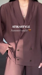 Chocolate Brown Draped Two-Piece Set | Wrap Blazer Top & Wide-Leg Trousers | AtikaStyle