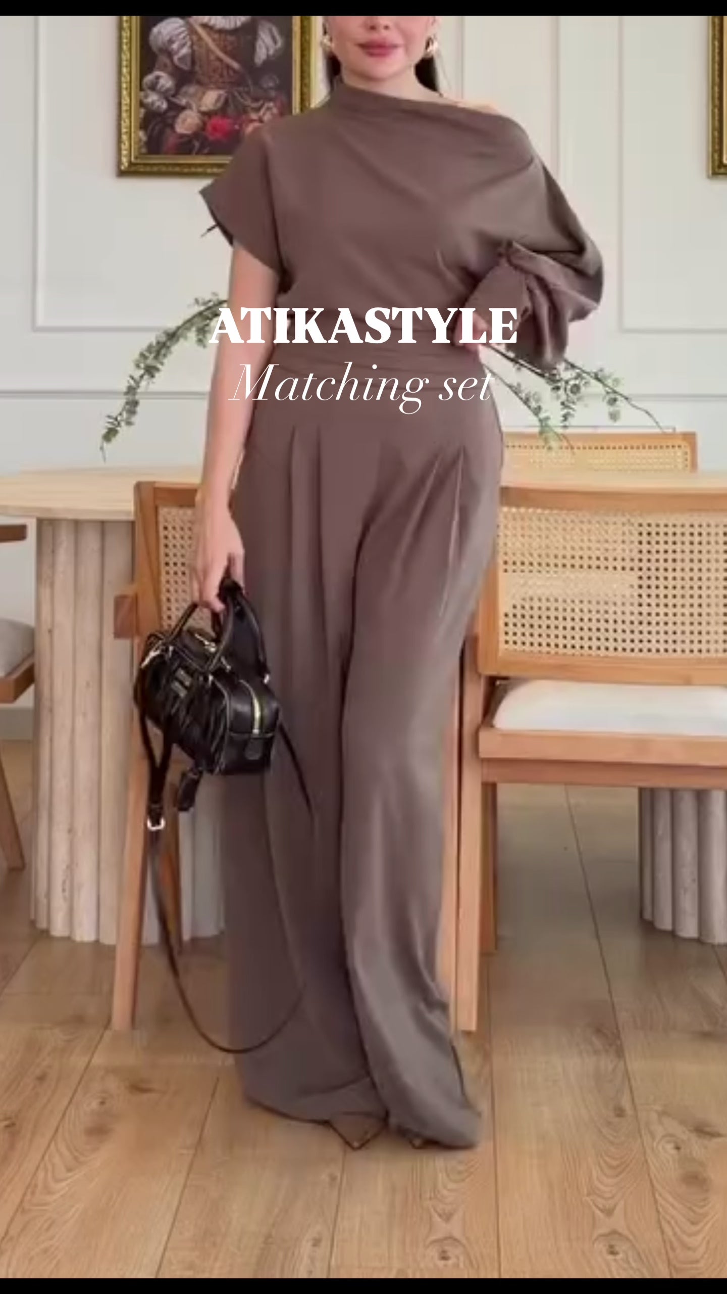 Mocha Satin Two Piece Set | Asymmetrical Draped Top & Wide-Leg Pants | AtikaStyle