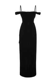 Elegant Black Off-the-Shoulder Evening Gown with Draped Detail