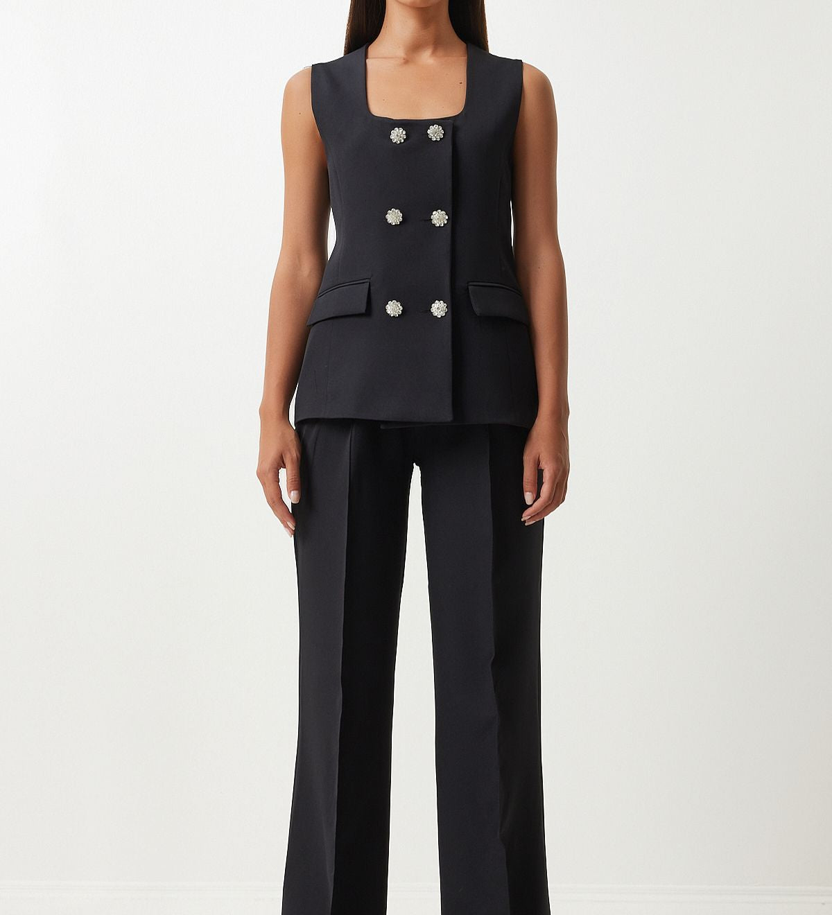 Elegant Black Double-Breasted Sleeveless Suit with Wide-Leg Trousers Set