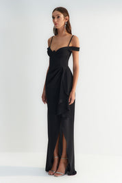 Elegant Black Off-the-Shoulder Evening Gown with Draped Detail