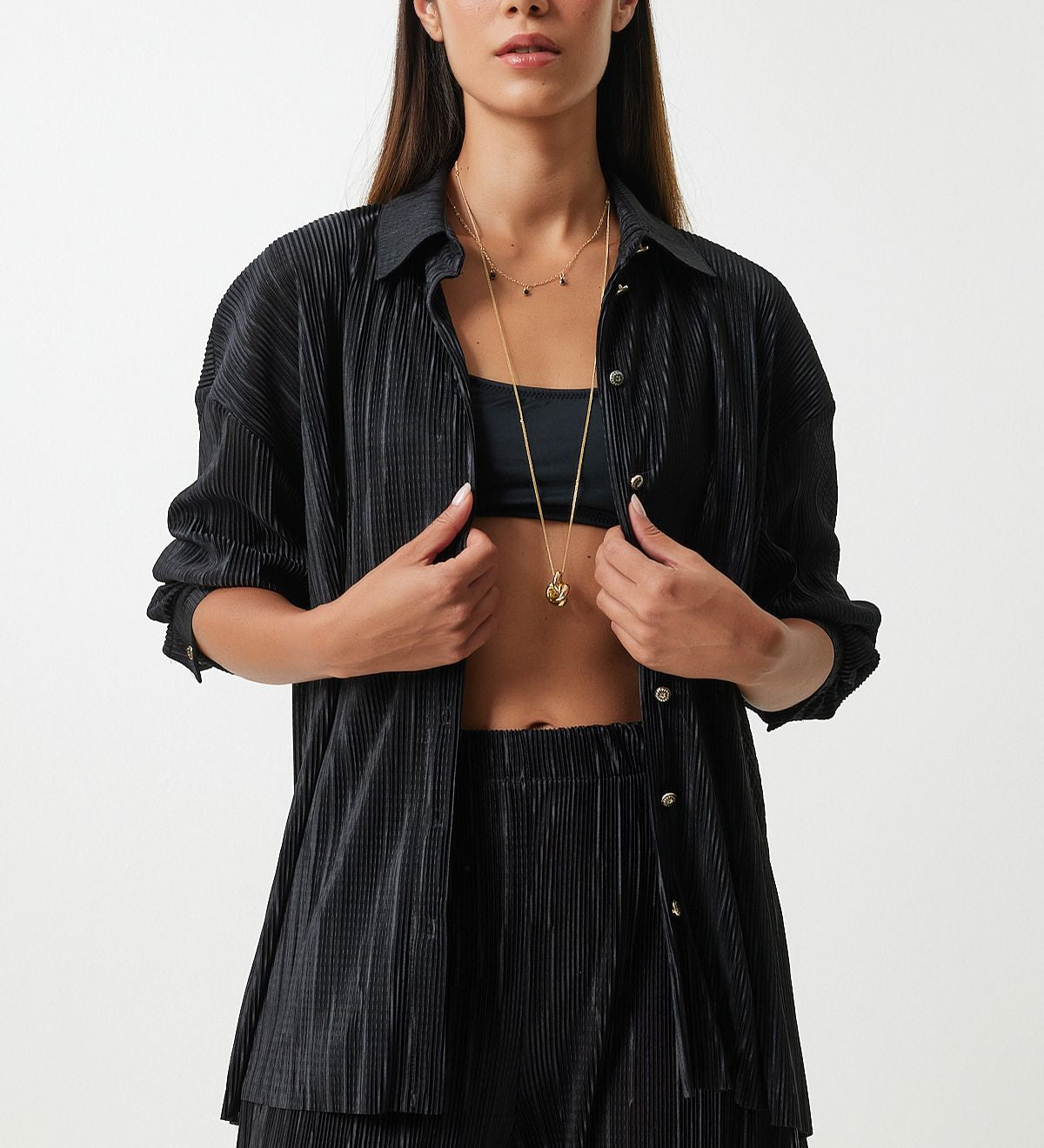 Chic Black Oversized Button-Up Shirt and Wide-Leg Trousers Set