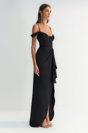 Elegant Black Off-the-Shoulder Evening Gown with Draped Detail