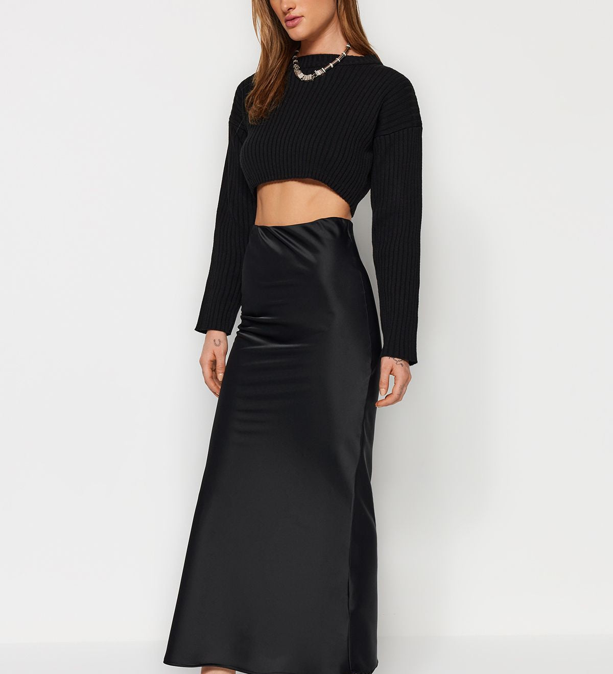 BLACK SATIN MIDI SKIRT